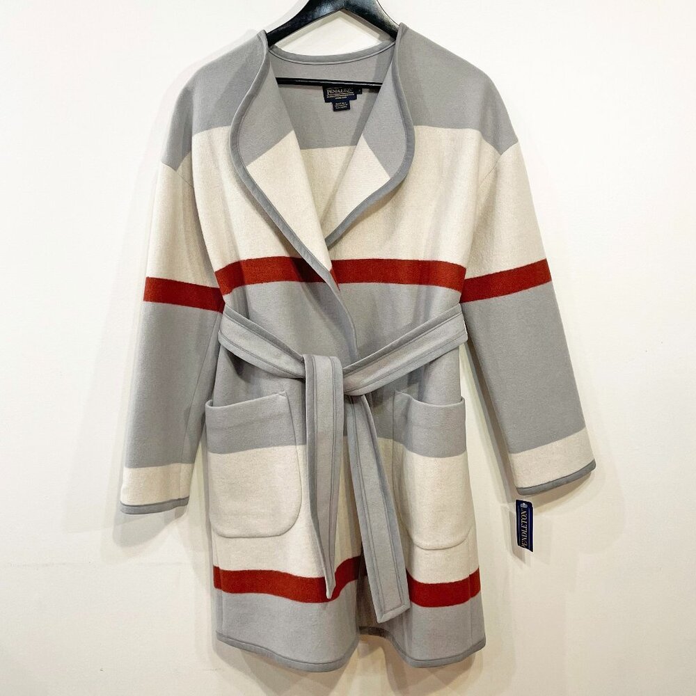New Pendleton 100% Wool Colorblock Double Face Wrap Coat Gray Cream Rust Small